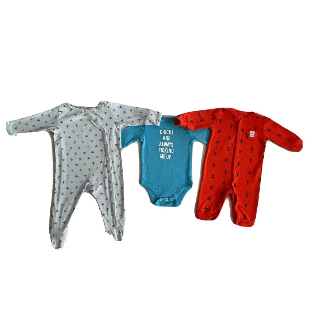 Multi Brand Baby Boy's Set of 3 Bodysuits Gray Blue Red 100% Cotton Size 3-6 M